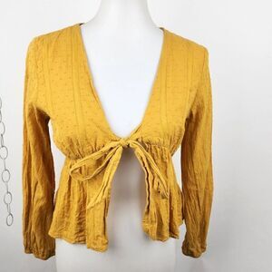 Anthropologie Paper Crane Mustard Yellow Long Sleeve Tie Front Peplum Top sz S